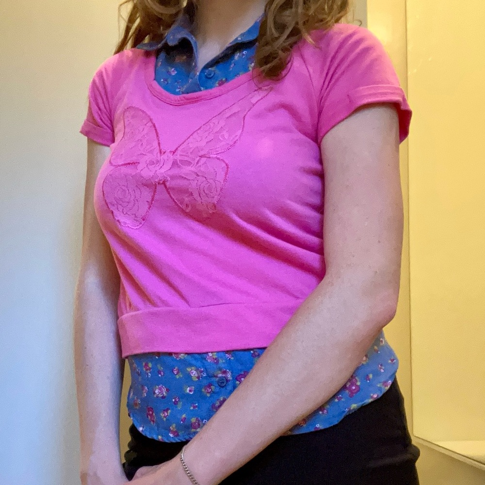 Pink Faux-Layered Butterfly Top